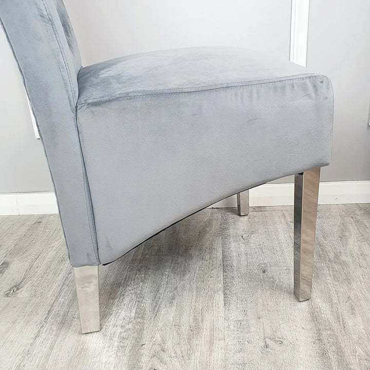 Sophia Grey French Velvet Lion Knocker Quilted Dining Chair With Chrome Legs-Esme Furnishings