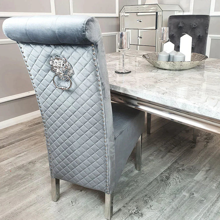 Louis 120CM Marble & Chrome Dining Table With Lucy Slim Quilted Lion Knocker Velvet Chairs