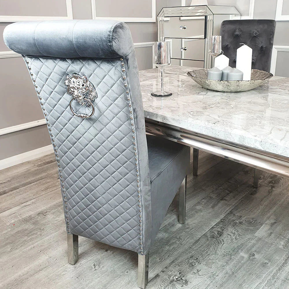 Louis Marble & Chrome Dining Table With Lucy Slim Quilted Lion Knocker Velvet Chairs