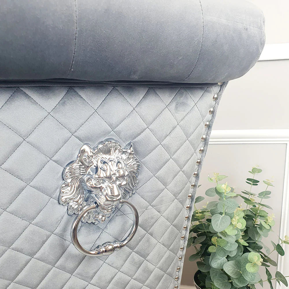 Elina 180cm Marble & Chrome Dining Table With Lucy Quilted Lion Knocker Velvet Chrome Chairs