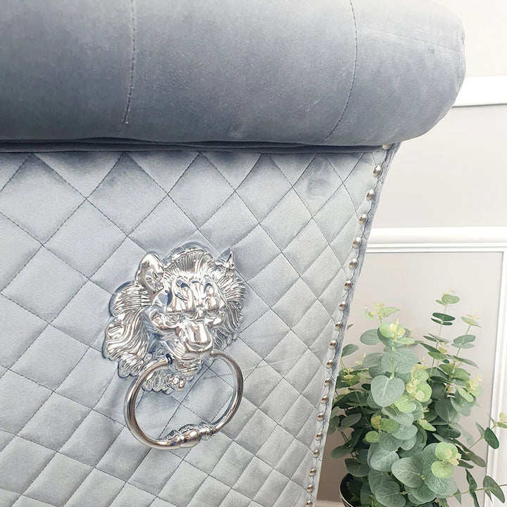 Elina 180cm Marble & Chrome Dining Table With Lucy Quilted Lion Knocker Velvet Chrome Chairs