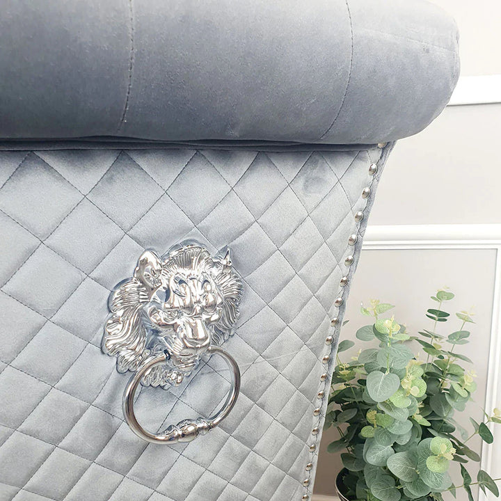 Arial Marble & Chrome Dining Table With Lucy Slim Quilted Lion Knocker Velvet Chairs