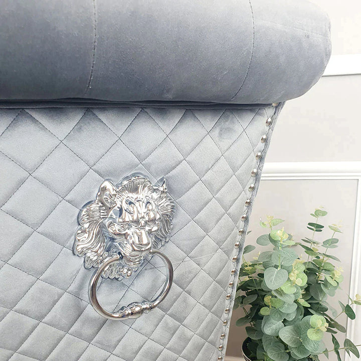 Louis 100CM Marble & Chrome Dining Table With Lucy Slim Quilted Lion Knocker Velvet Chairs