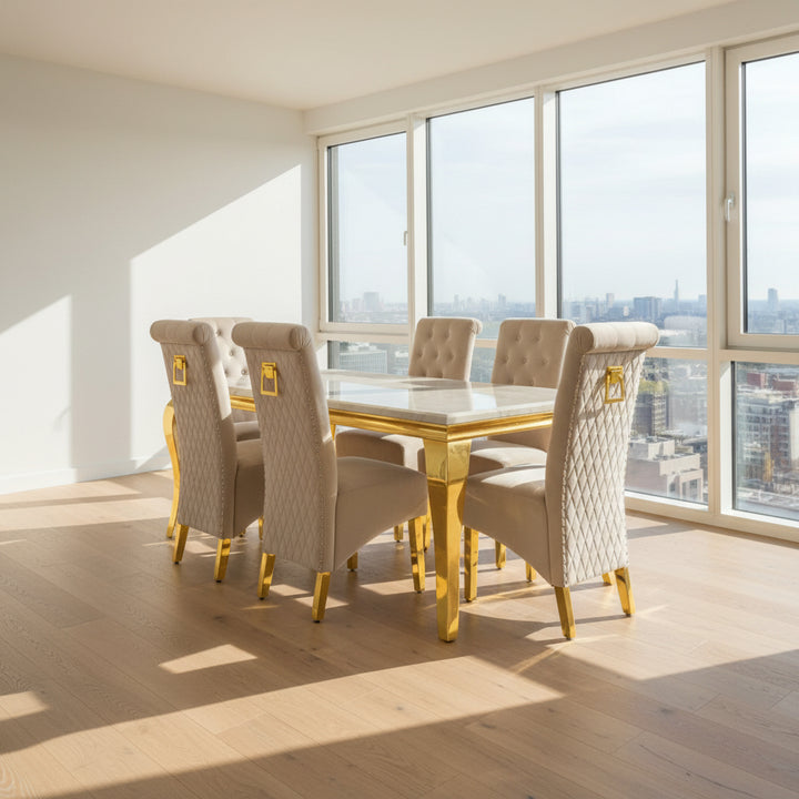 Louis Marble & Gold Dining Table With Lucy Slim Quilted Gold Ring Square Knocker Velvet Chairs
