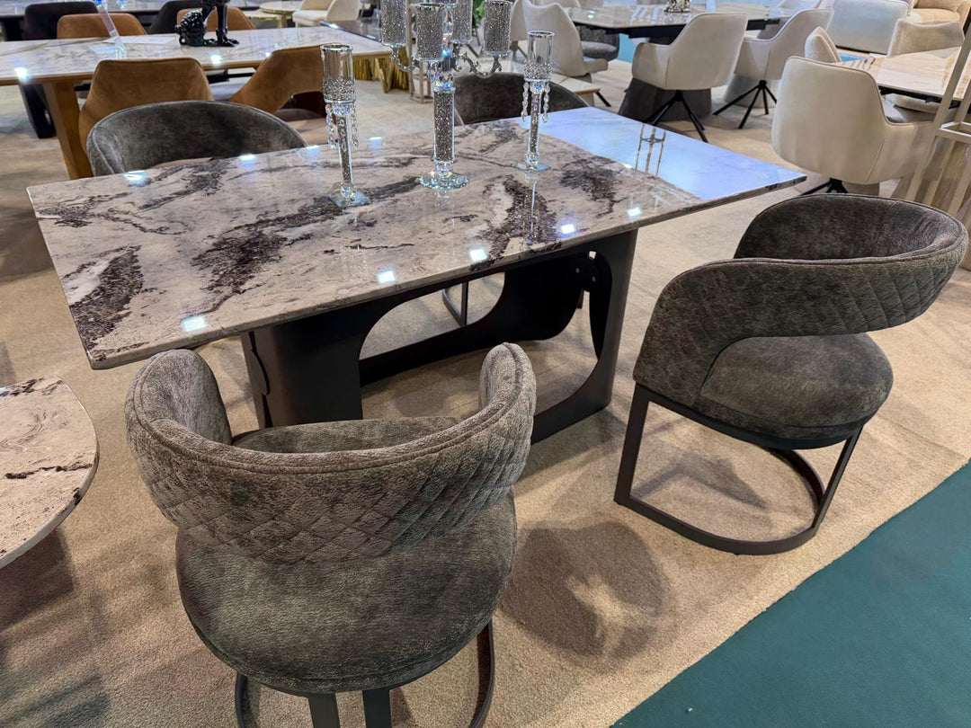 Lina Grey Marble 180cm Dining Table With Grey Velvet Dining Chairs