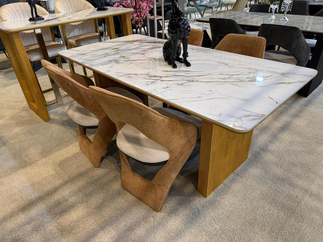Melbourne 180cm Cream & Gold Ribbed Ceramic Marble Dining Table