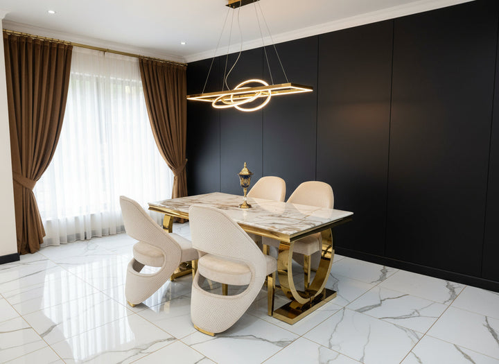 Arianna 160cm Marble & Gold Dining Table With Santos Curve Velvet Chairs Gold Legs