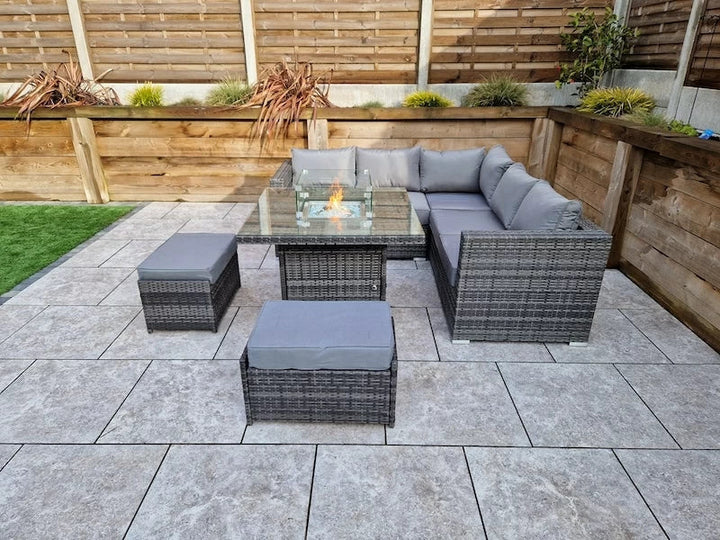 Georgia Grey Corner Sofa and Fire Pit Dining Table with 2 Stools