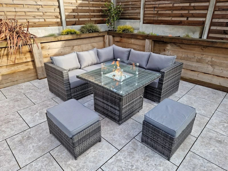Georgia Grey Corner Sofa and Fire Pit Dining Table with 2 Stools