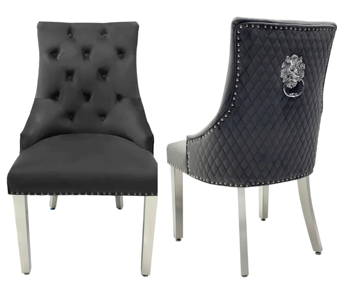 Louis Marble & Chrome Dining Table With Lion Knocker Velvet Chairs & High Back 130cm Bench
