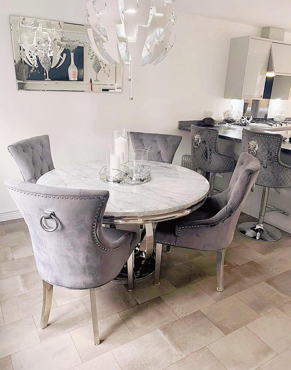 Chelsea 130cm Marble & Chrome Round Dining Table - 4 Colours-Esme Furnishings