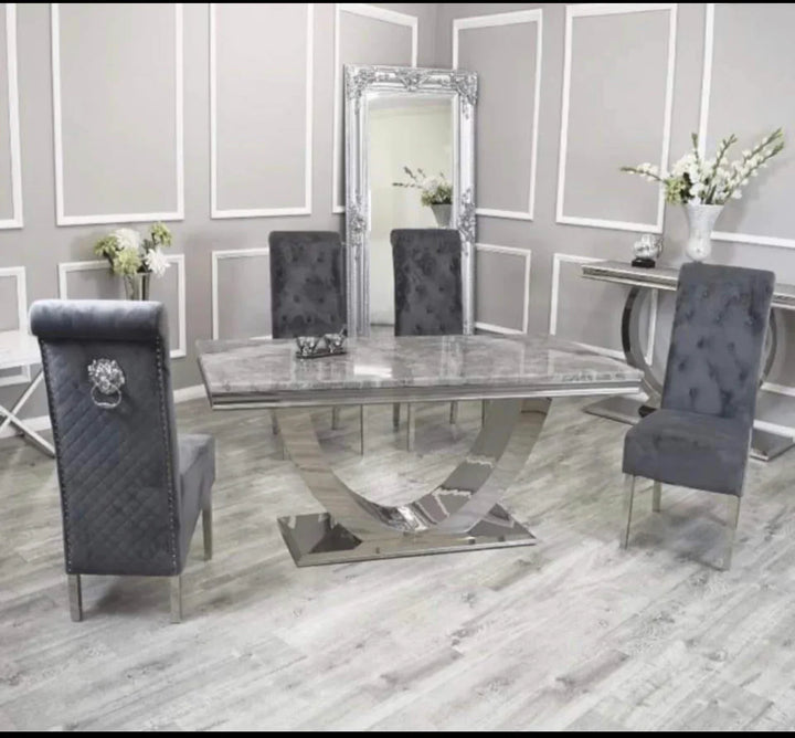 Arial 150cm Marble & Chrome Dining Table With Lucy Slim Quilted Lion Knocker Velvet Chairs
