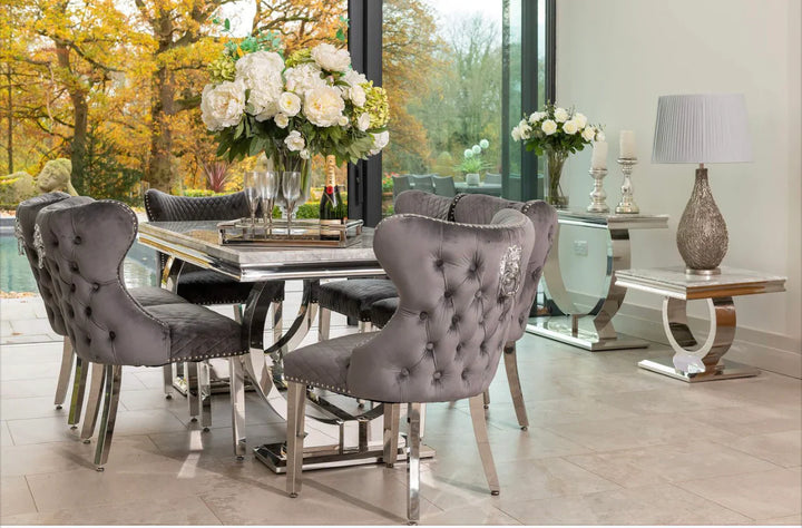 Arianna Marble & Chrome Dining Table With Valentino Lion Knocker Velvet Chairs