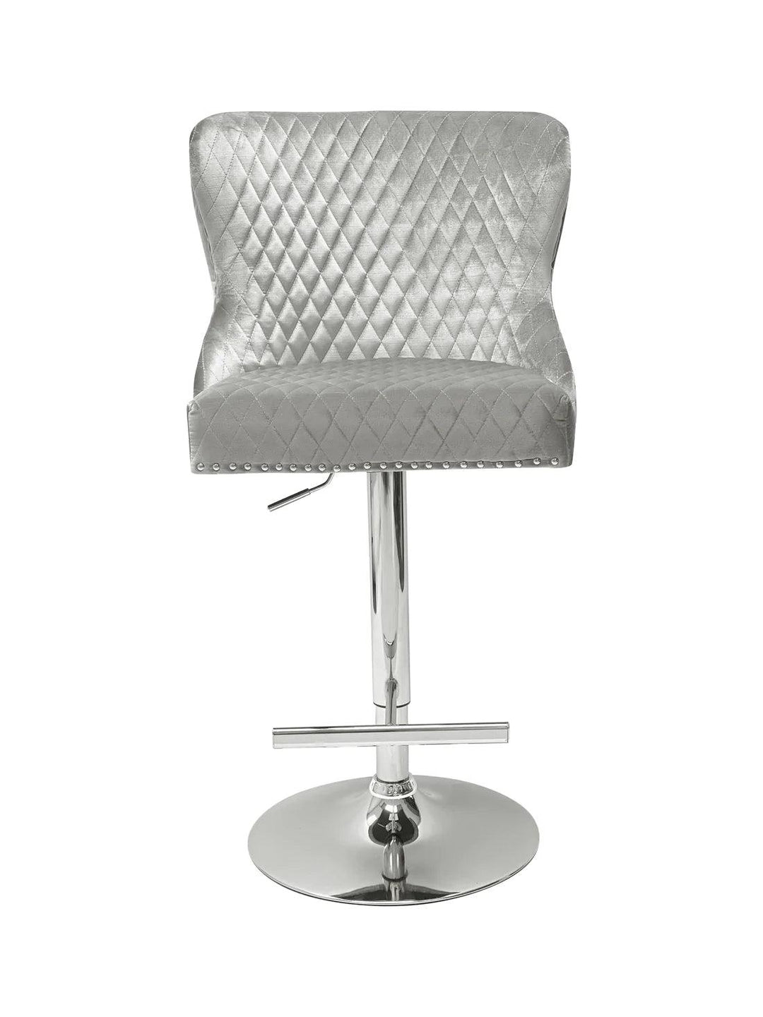 Valentino Pewter Shimmer Grey Lion Knocker Quilted Back Plush Velvet Chrome Bar Stool-Esme Furnishings
