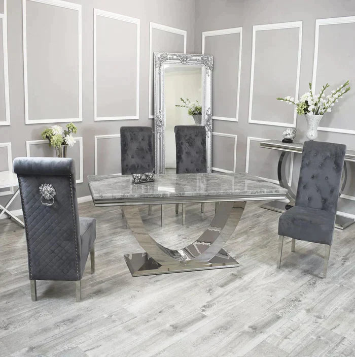 Arial Marble & Chrome Dining Table With Lucy Slim Quilted Lion Knocker Velvet Chairs