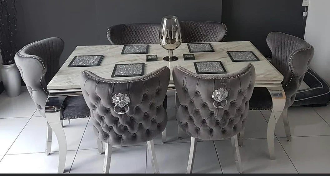 Louis Marble & Chrome Dining Table With Valentino Lion Knocker Velvet Chairs