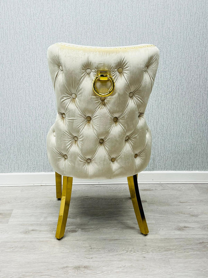 Victoria Gold Ring Knocker Quilted Tufted Plush Velvet Dining Chair Gold Legs - 2 Colours