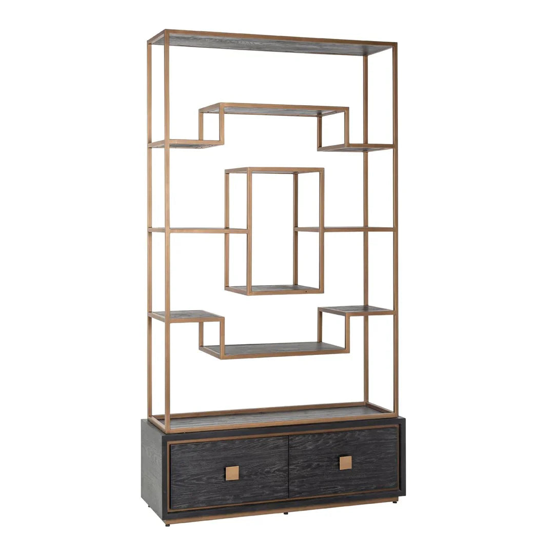 Richmond Interiors Hunter Black Oak and Gold 2 Drawer Display Unit