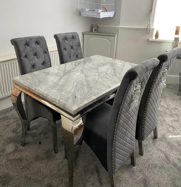 Louis 160CM Marble & Chrome Dining Table With Lucy Slim Quilted Lion Knocker Velvet Chairs
