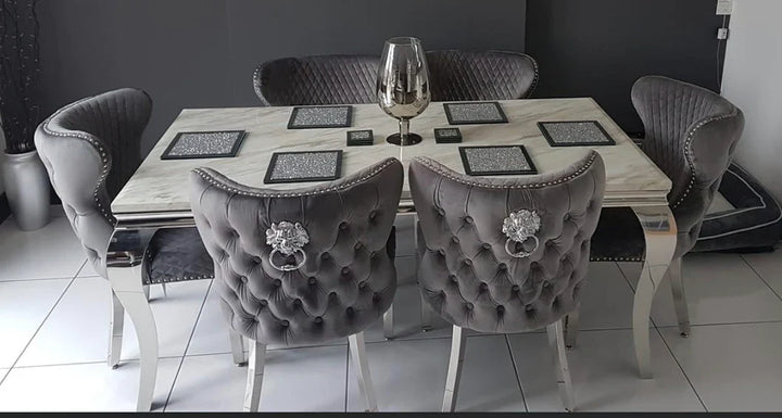 Louis 160cm Marble & Chrome Dining Table With Valentino Lion Knocker Velvet Chairs