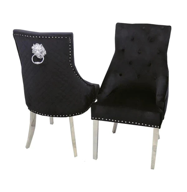 Arianna Marble & Chrome Dining Table With Quilted Lion Knocker Velvet Chairs