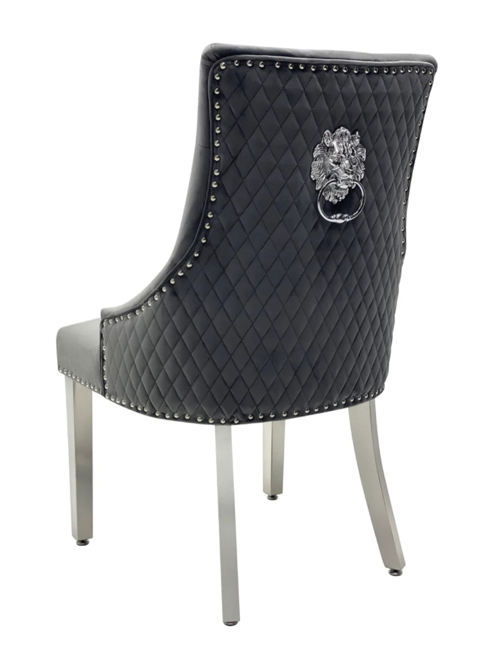 Louis Marble & Chrome Dining Table With Grey Quilted Lion Knocker Velvet Chairs & Bench
