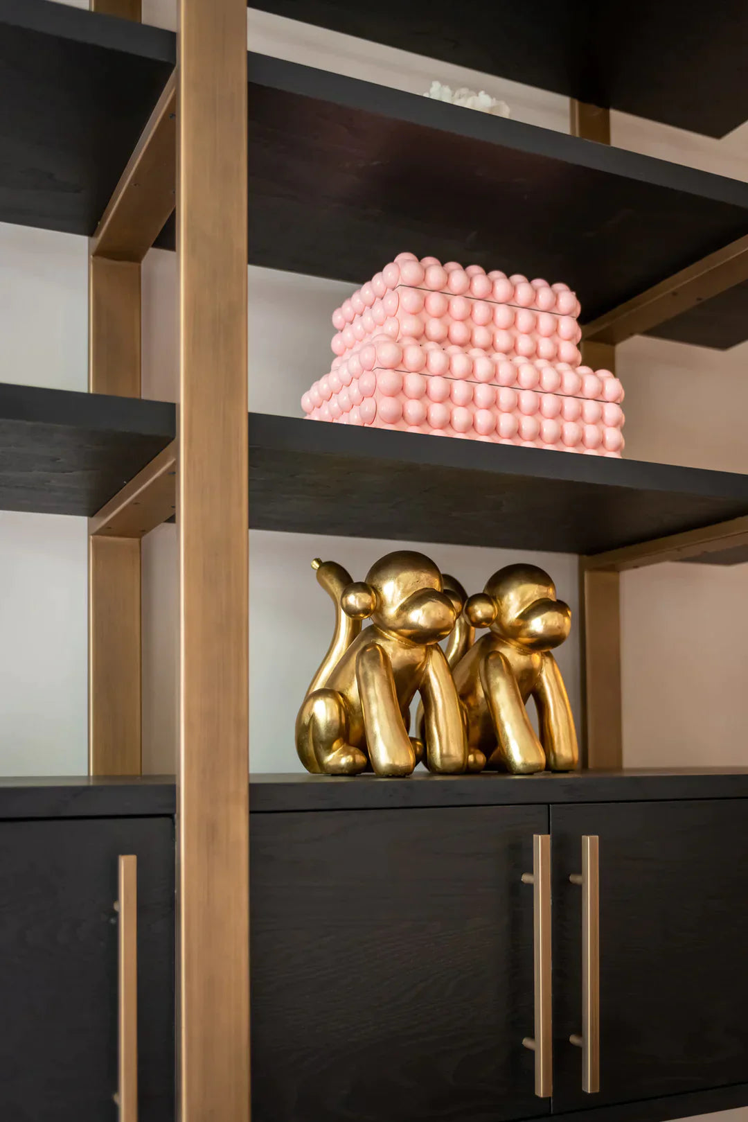 Richmond Interiors Cambon Gold Stainless Steel Bookcase with Dark Coffee 4 Door Cabinet
