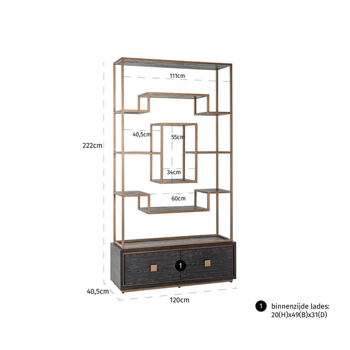 Richmond Interiors Hunter Black Oak and Gold 2 Drawer Display Unit