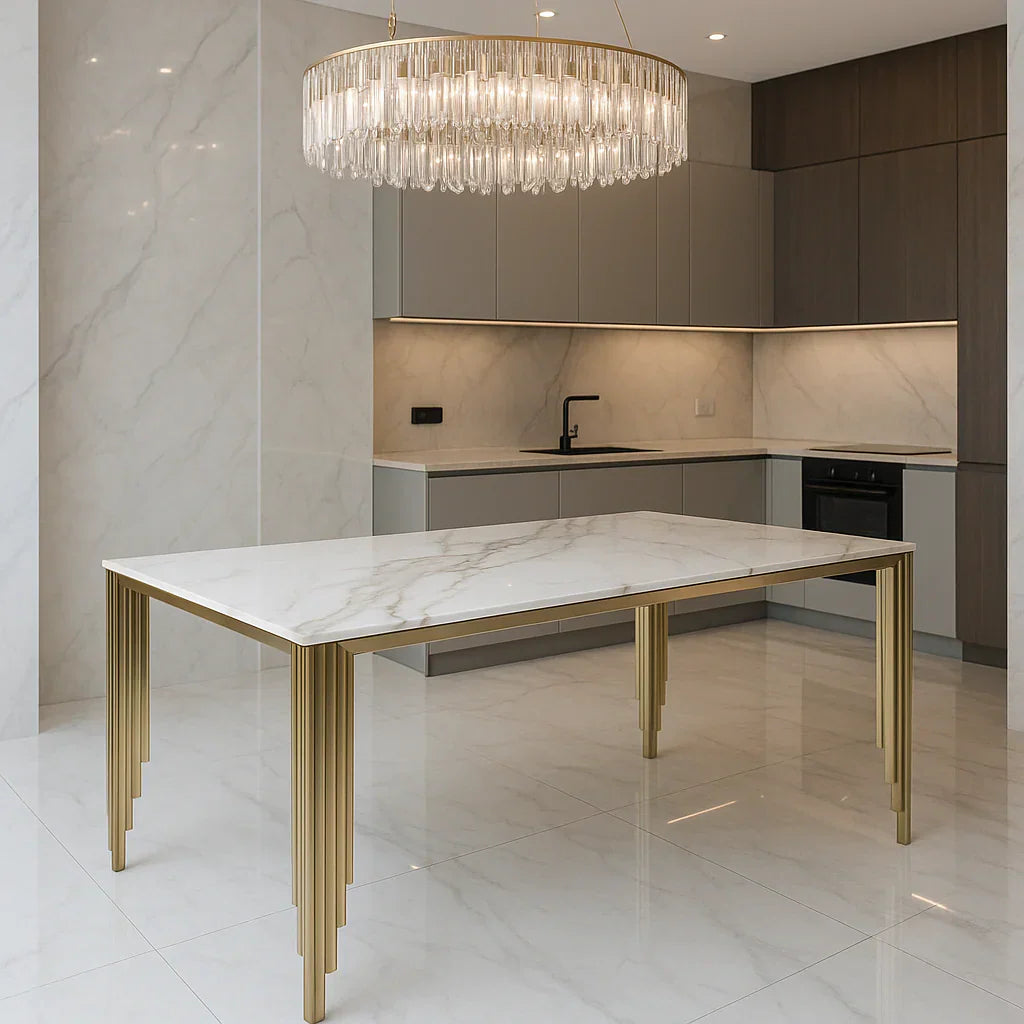 Mayfair 180CM Gold Marble Dining Table With Carlton Gold Velvet Dining Chairs