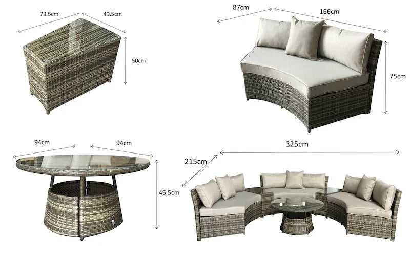 Juliet Garden Mixed Brown Half Moon Corner Sofa with Side Tables and Coffee Table