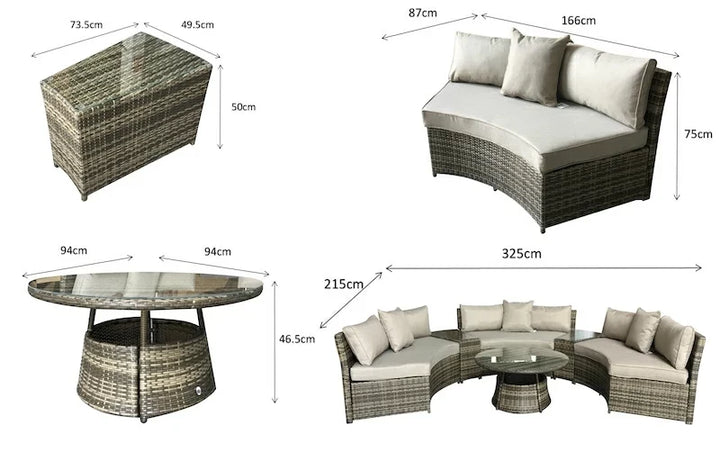 Juliet Garden Mixed Brown Half Moon Corner Sofa with Side Tables and Coffee Table