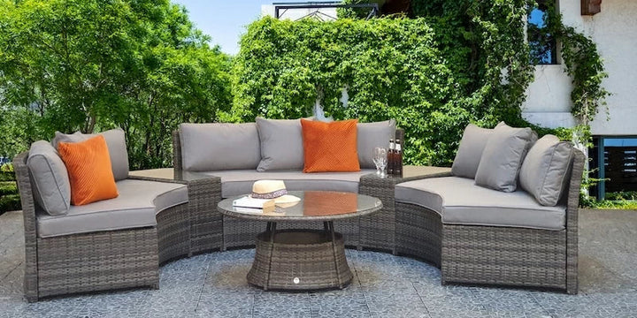 Juliet Garden Grey Half Moon Corner Sofa with Side Tables and Coffee Table