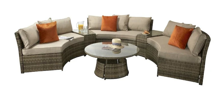 Juliet Garden Mixed Brown Half Moon Corner Sofa with Side Tables and Coffee Table
