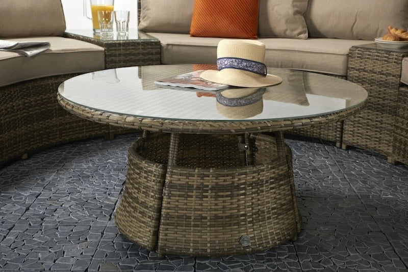 Juliet Garden Mixed Brown Half Moon Corner Sofa with Side Tables and Coffee Table