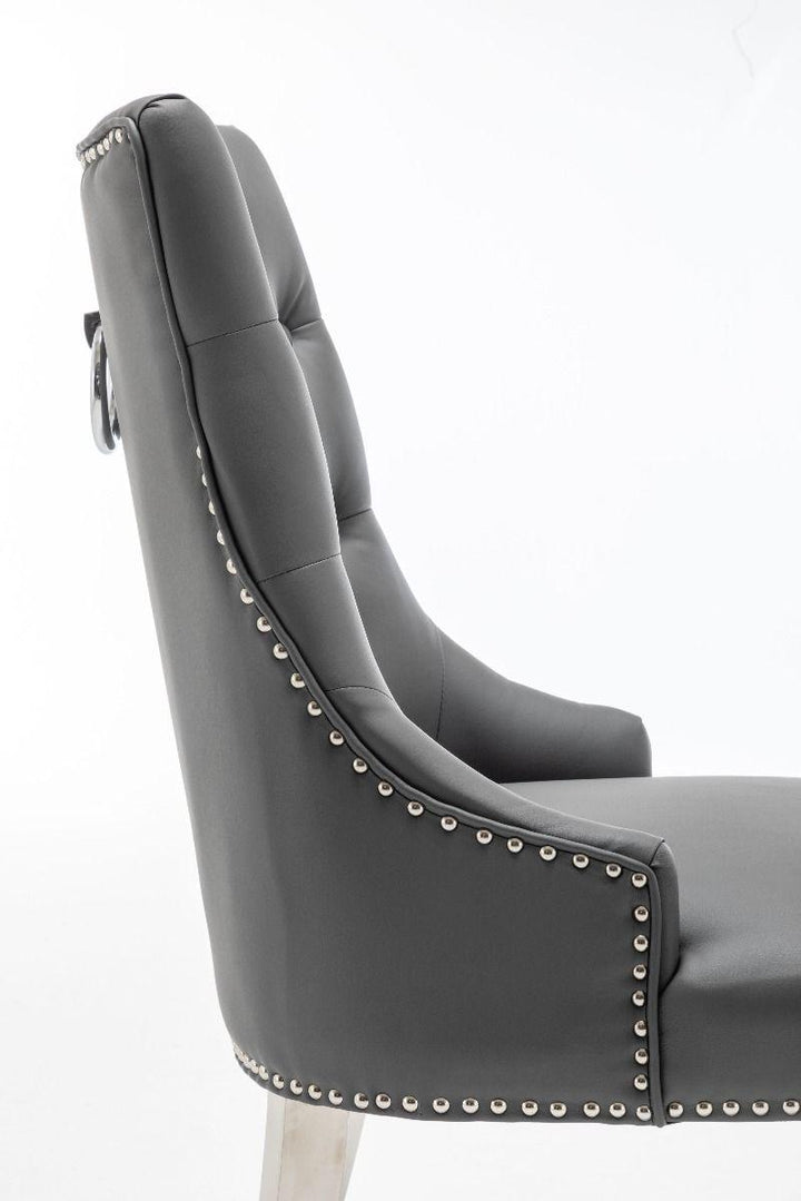 Knightsbridge Grey PU Dining Chair Faux Leather Chrome Ring Knocker-Esme Furnishings