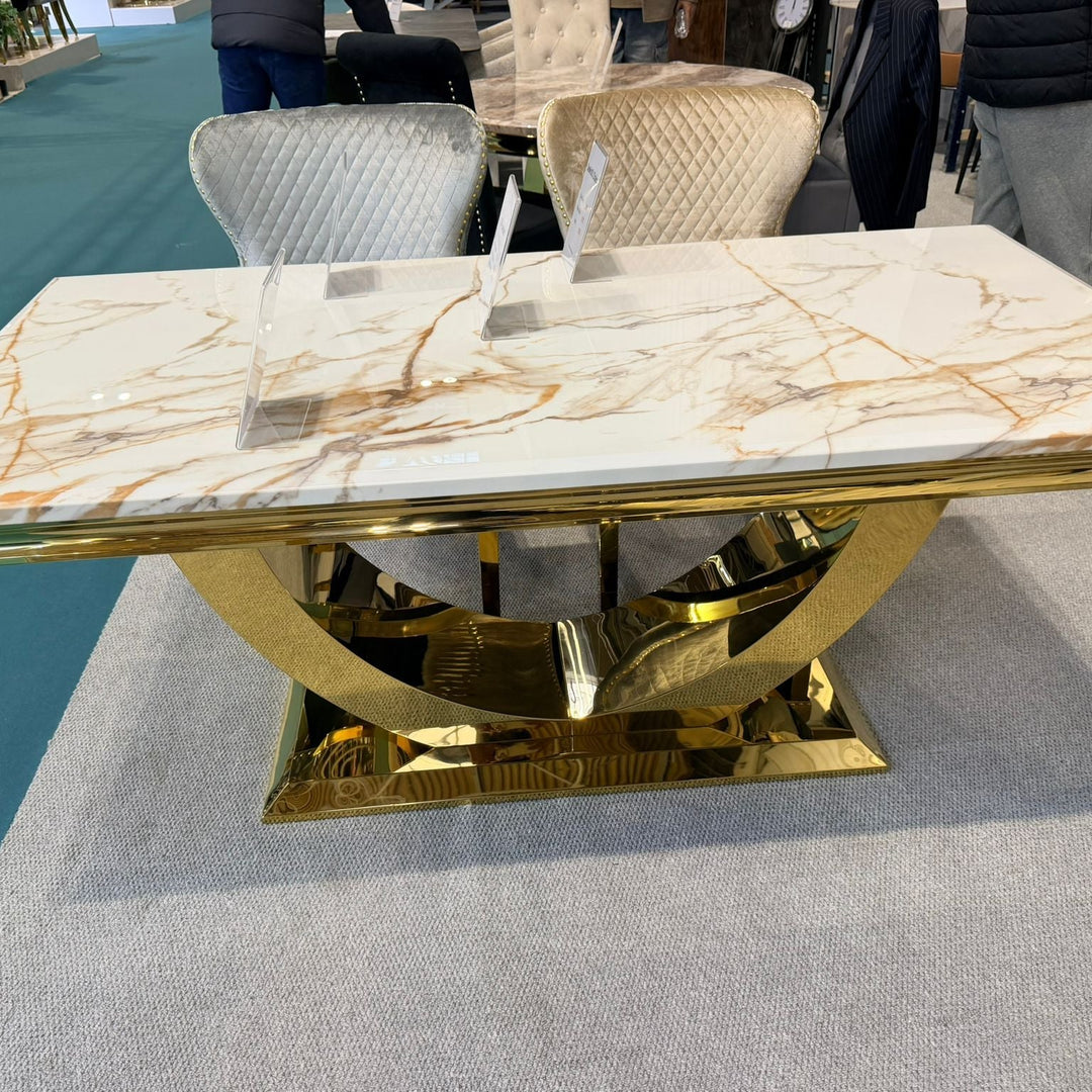 Arial Marble & Gold Dining Table With Florence High Back Dining Chairs Gold Legs
