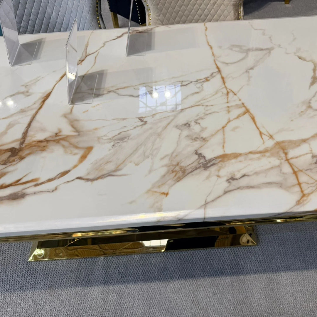 Arial Marble & Gold Dining Table With Roxby Cream Gold Velvet Dining Chairs Gold Legs