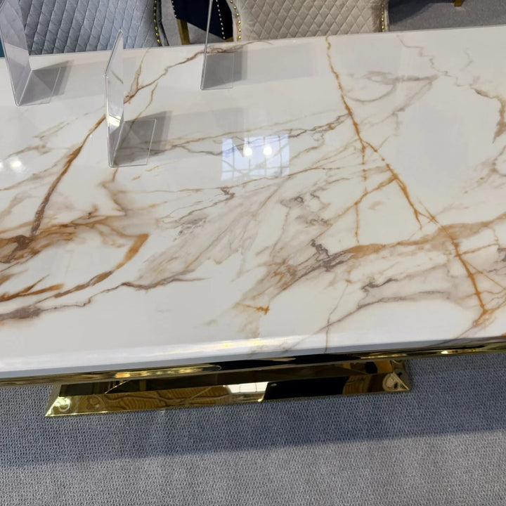 Arial Marble & Gold Dining Table With Roxby Cream Gold Velvet Dining Chairs Gold Legs