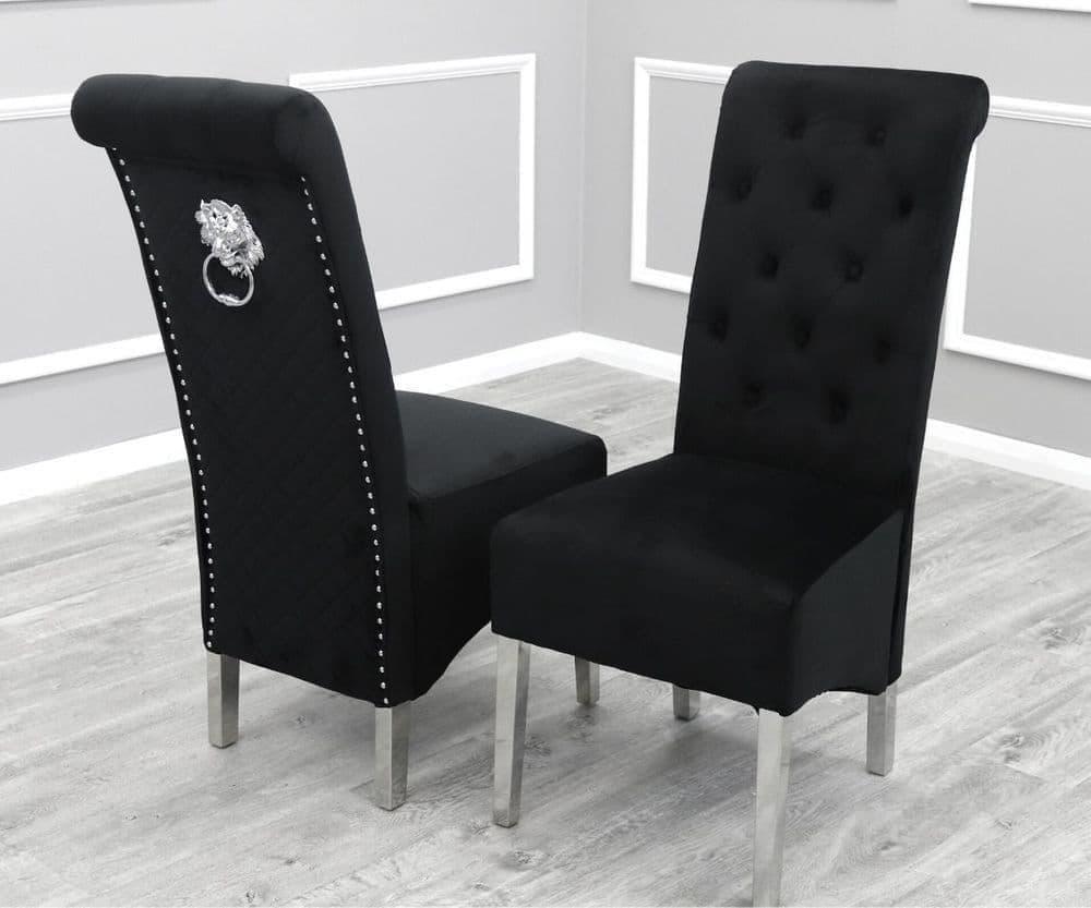 Arianna 200cm Black Marble Dining Table + Lucy Black Lion Slim Knocker Plush Velvet Chairs-Esme Furnishings
