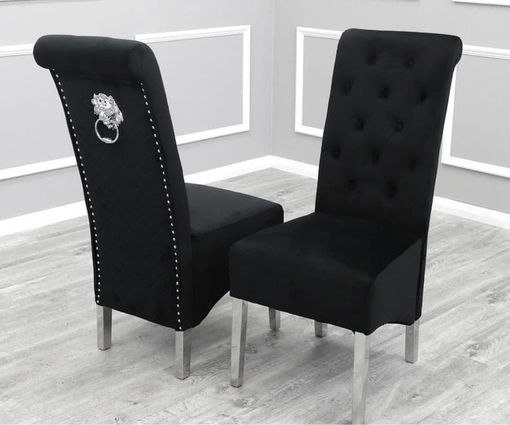 Arianna 200cm Black Marble Dining Table + Lucy Black Lion Slim Knocker Plush Velvet Chairs-Esme Furnishings