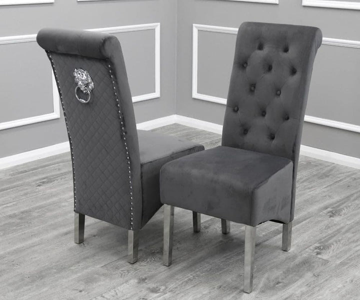 Louis 100cm Square Grey Marble Dining Table + Lucy Grey Lion Slim Knocker Plush Velvet Chairs-Esme Furnishings