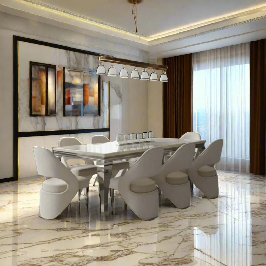 Louis Marble & Chrome Dining Table With Santos Curve Velvet Chairs