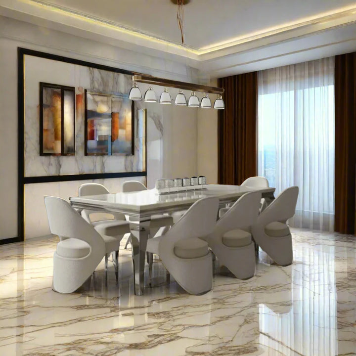 Louis Marble & Chrome Dining Table With Santos Curve Velvet Chairs