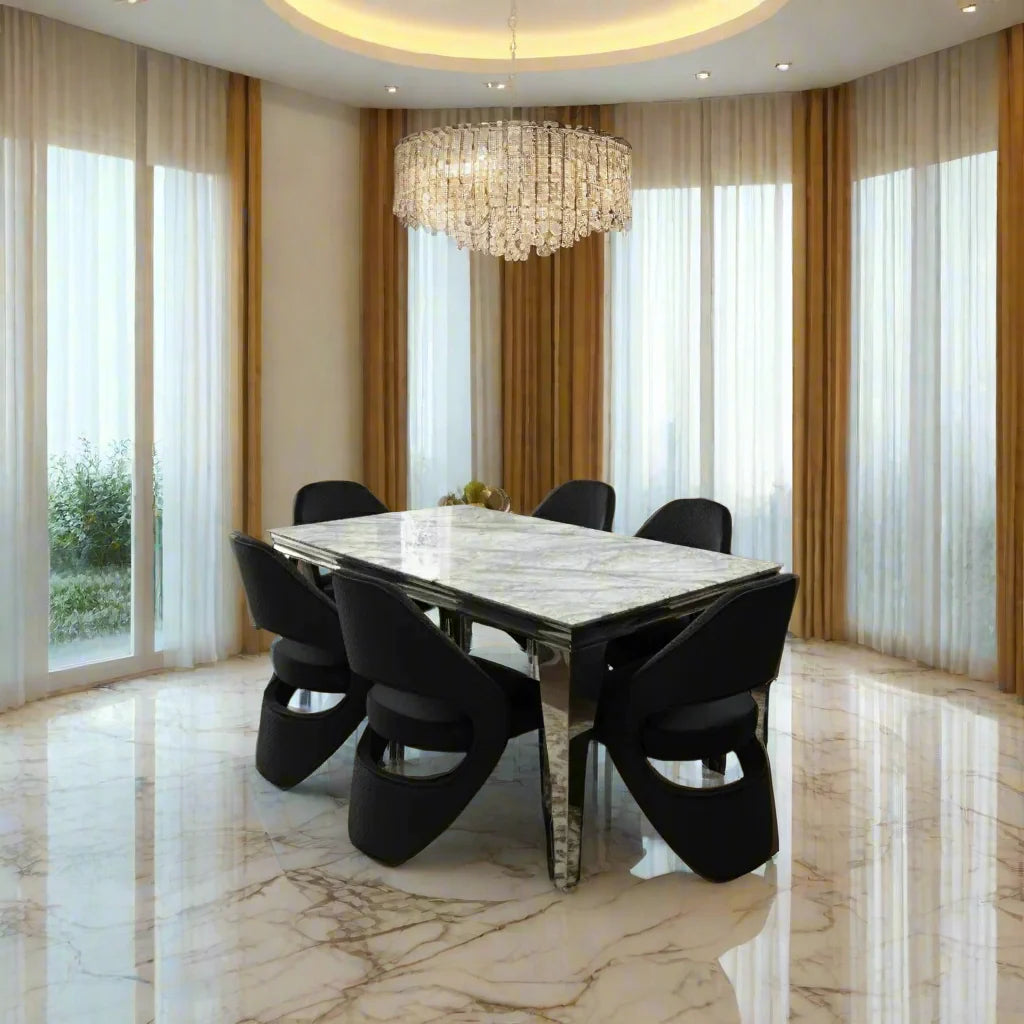 Louis Marble & Chrome Dining Table With Santos Curve Velvet Chairs