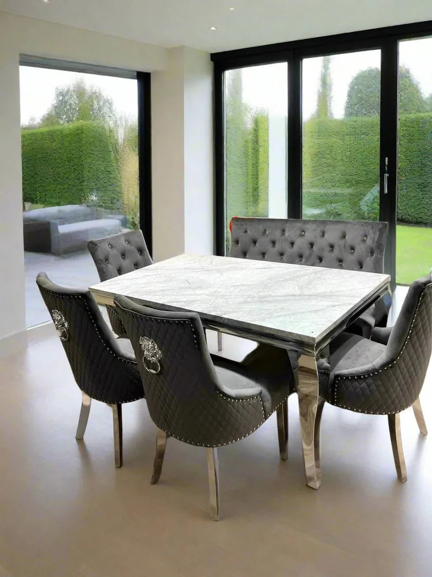 Louis Marble & Chrome Dining Table With Lion Knocker Velvet Chairs & High Back 130cm Bench - Esme Furnishings