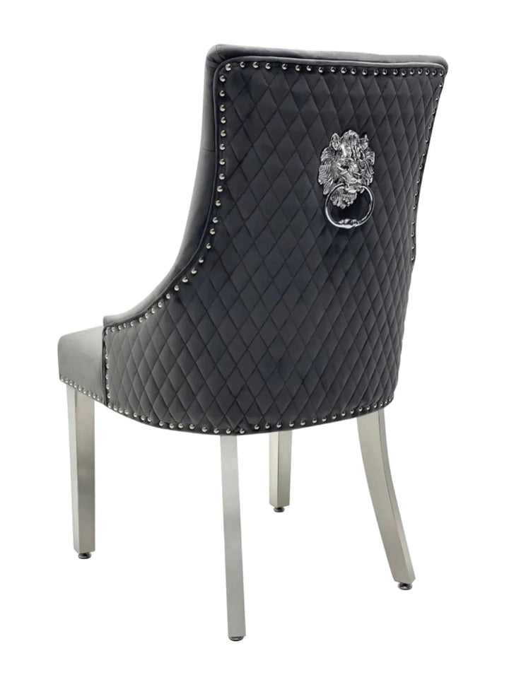 Louis Marble & Chrome Dining Table With Lion Knocker Velvet Chairs & High Back 130cm Bench - Esme Furnishings