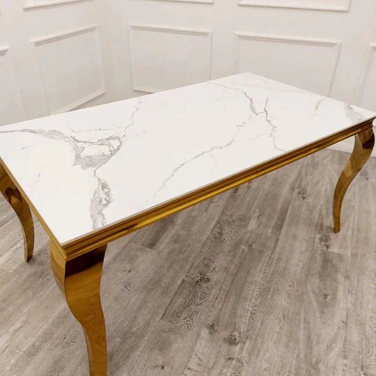 Louis Marble & Gold Dining Table With Florence High Back Velvet Chairs - Esme Furnishings