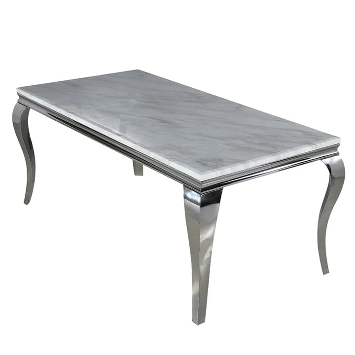 Louis 150cm Marble & Chrome Dining Table With Valente Velvet Chrome Lion Quilted Knocker Chairs