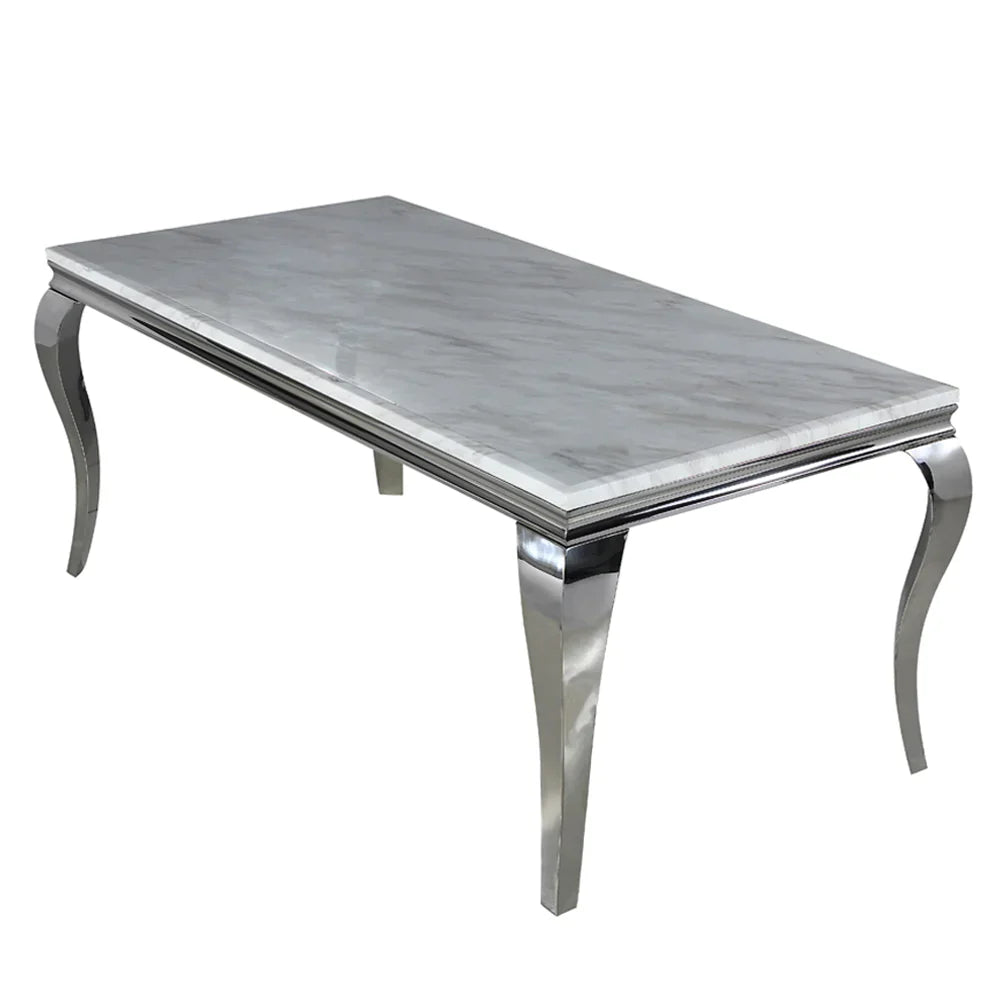Louis 150cm Marble & Chrome Dining Table With Valente Velvet Chrome Lion Quilted Knocker Chairs