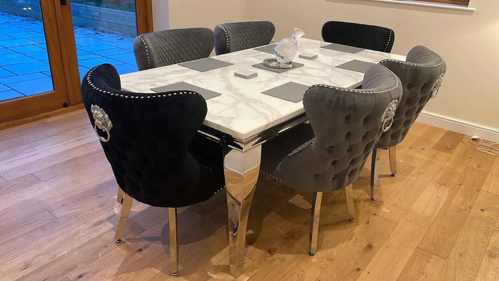 Louis Marble & Chrome Dining Table With Valentino Lion Knocker Velvet Chairs